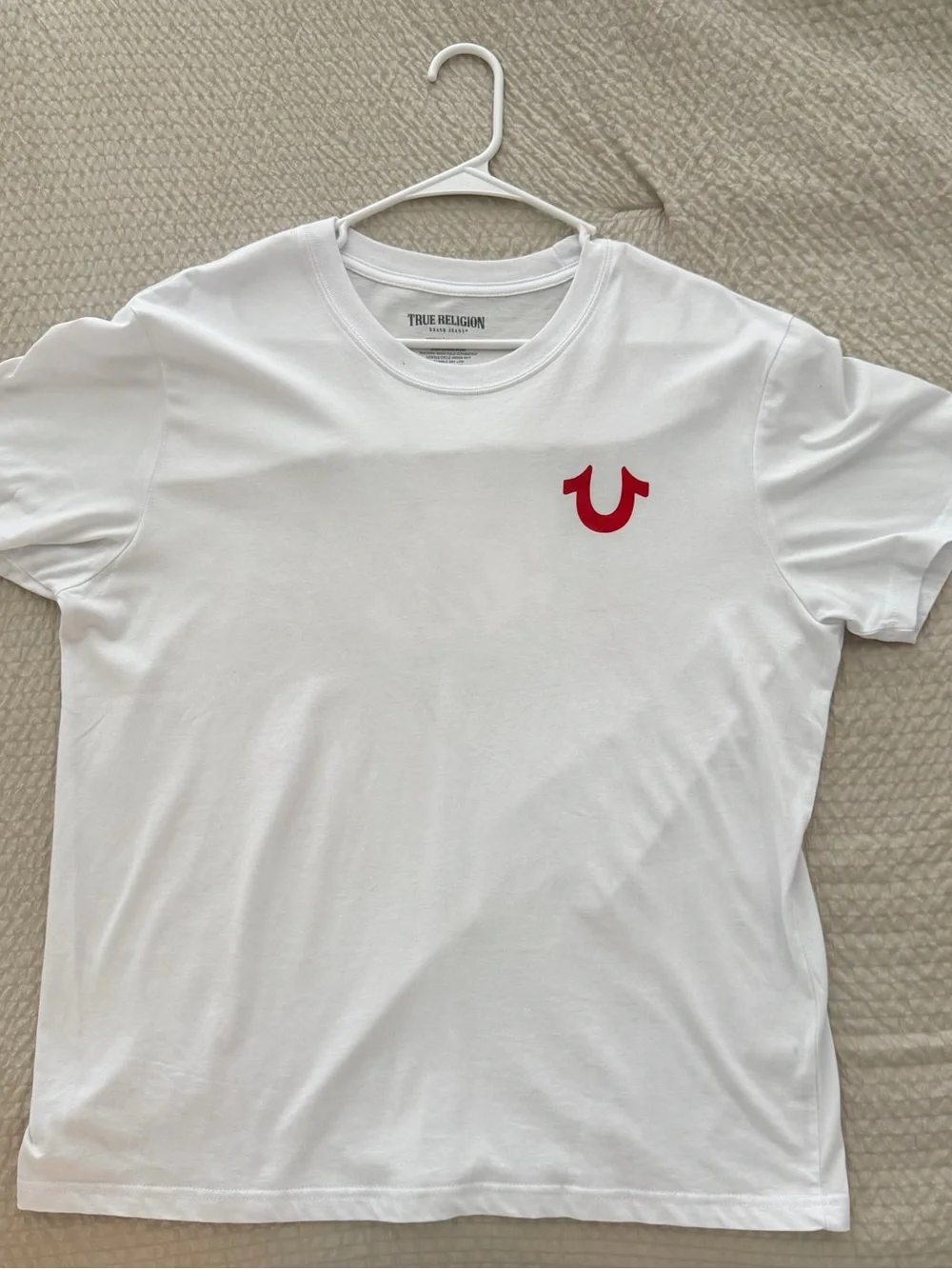 True Religion White Short Sleeve Tee with Red Horseshoe Logo